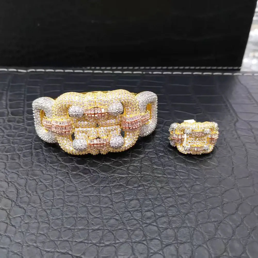 H262A Luxury 3 Rows 2PCS Zircon Bracelet Ring Earring Set Women Wedding Zircon African/Indian/Dubai Bridal Jewelry Set