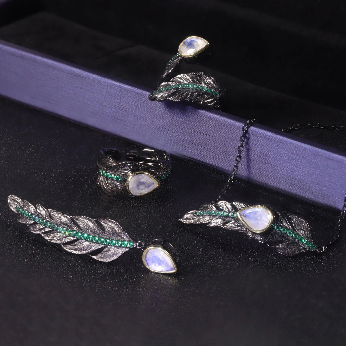 ArtistA Abiding Black Gun Plated 925 Sterling Silver Natural Moonstone Versatile Feather Pin Pendant Brooch Ring Bracelet 4 Piece Set