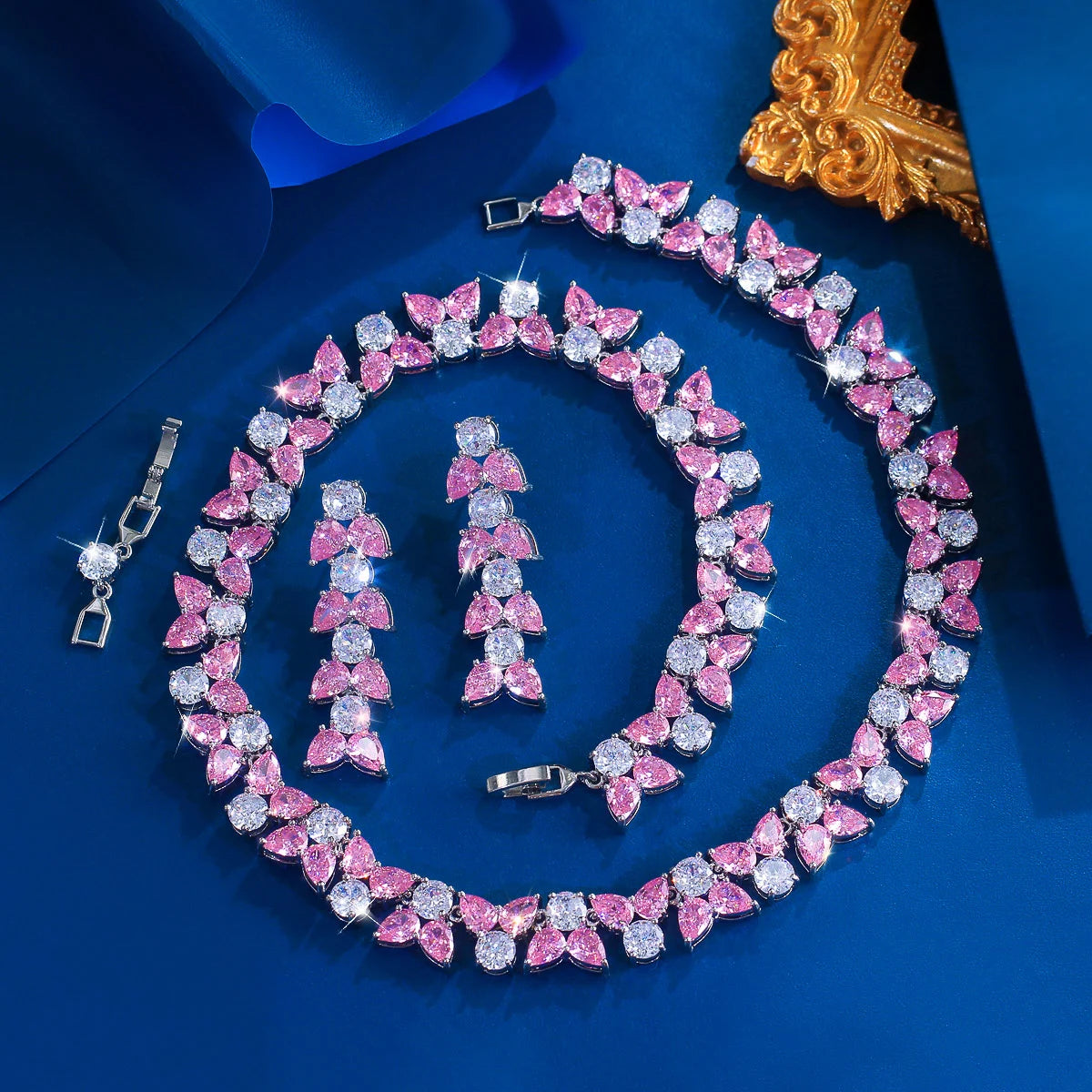 Exquisite Jewelry Set Rhodium Plated Pink White CZ Zircon Necklace Earrings Jewelry Set for Brides Women Unique Designer Party