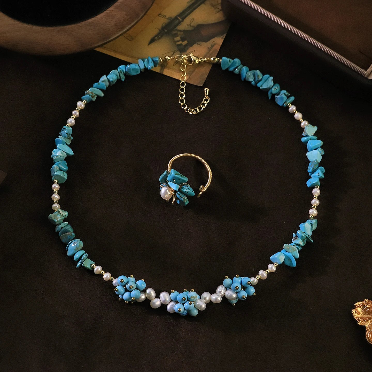 GLSEEVO Natural Pearl & Turquoise Dainty Beaded Necklace & Flower Ring Jewellery Set — Bohemian Style