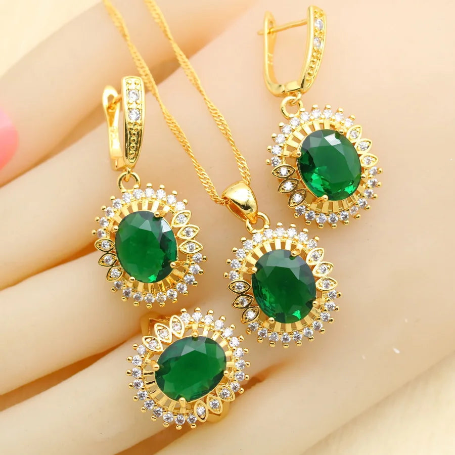 XOTICA 18K Gold Plated Alloy Emerald Jewelry Set for Women Wedding Engagement Anniversary Party Necklace Earrings Bracelet Ring Gift