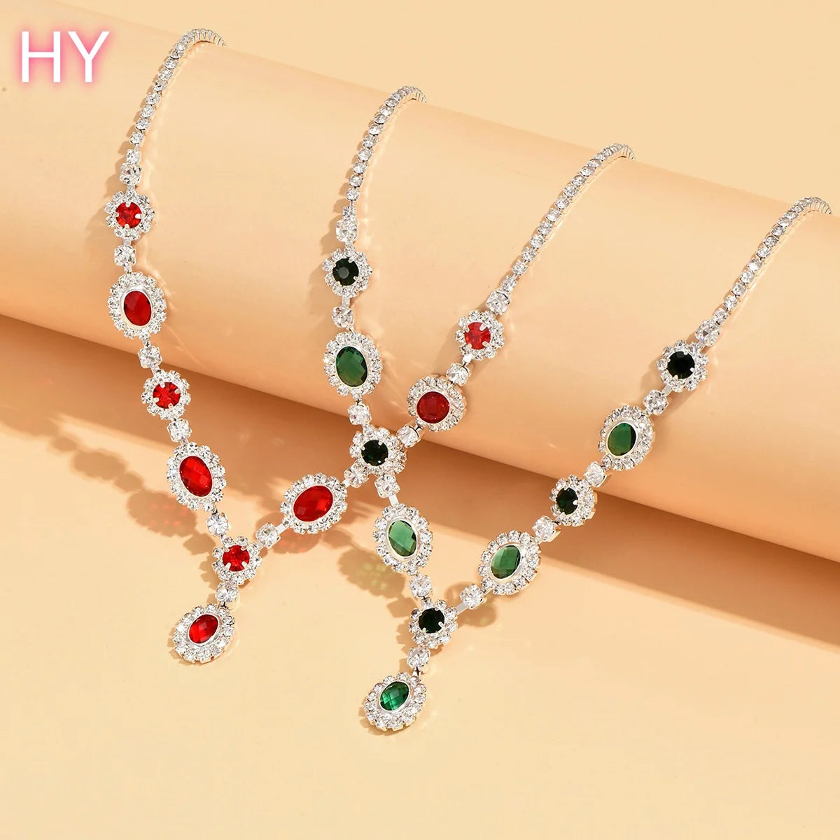 HY Red Ruby Color Zircon Necklace and Earrings Set Classic Party Style for Wedding Engagement Anniversary-Copper Jewelry
