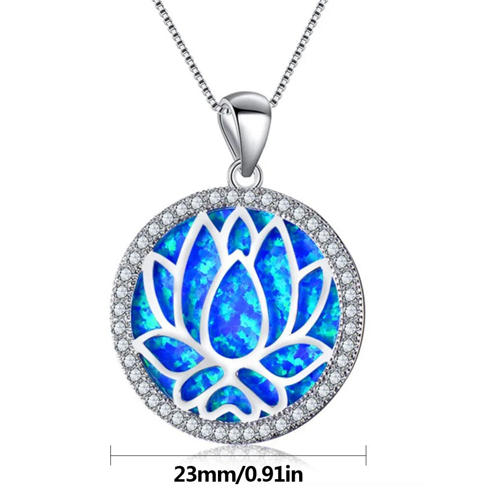 European American Fashion Opal Lotus Pendant Necklace Summer Floral Jewelry Statement Chain