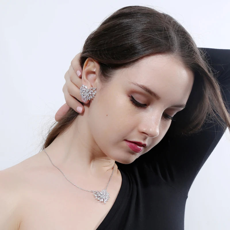 Rhodium Plated CZ Jewelry Set Marquise Leaf Heart Stud Earrings Necklace Earrings Jewelry Set for Women Special Daily Dating