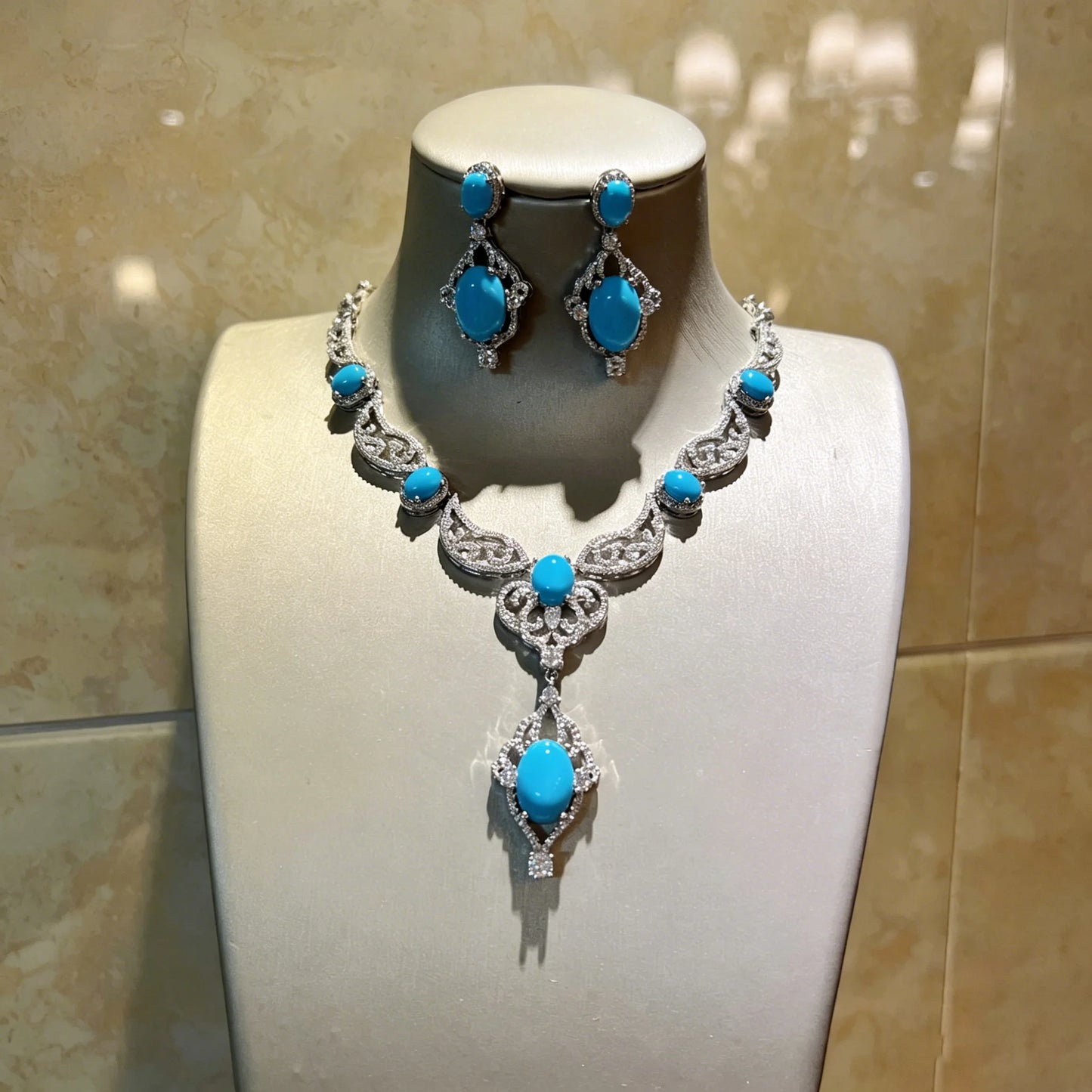 XM S409 Silver Plated Marquise Zircon Hollow Carving Pendant Necklace & Drop Earrings Set