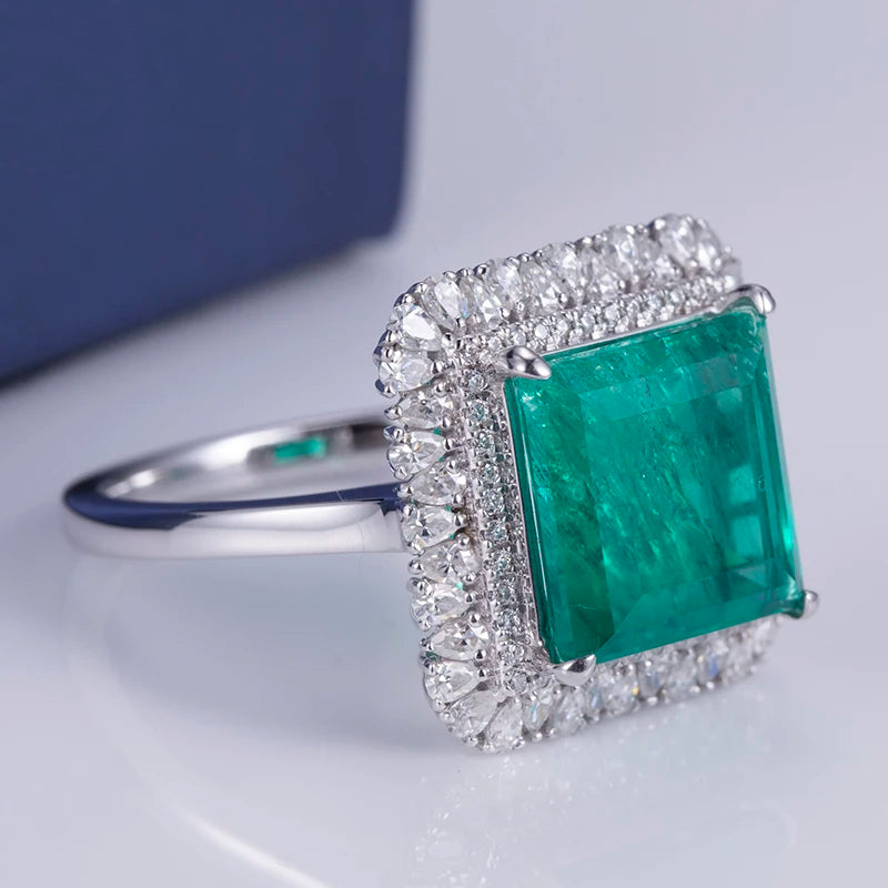 Gemfiori MS-584 18k Gold Women Fashion Jewelry DEF Pear Cut Moissanite Square Emerald Halo Ring