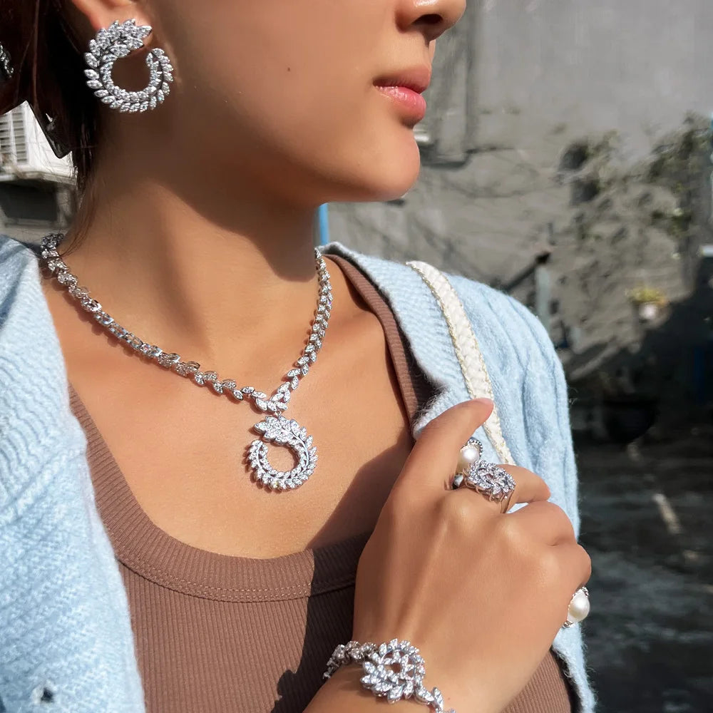 Bridals Big Olive Leaf Pendant Necklace and Earrings Jewelry Set Cubic Zirconia Bracelet Stud Earrings Ring Sets of Wedding