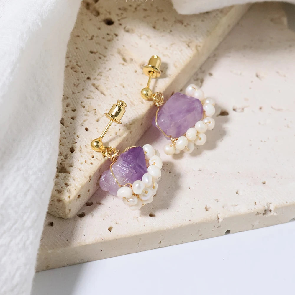 Natural Freshwater Pearl Amethyst Edging Earrings Korean Style Women Luxury Jewelry Fashion Ladies and Girls Gift GE1589