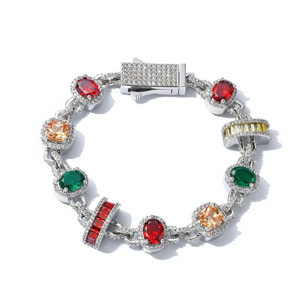 FASHIONISTA Hip Hop Style Colorful Gemstone Bracelet Sparkling Zircon Chain Unisex Gold Plated Brass Charm Bracelet Fashion for Men Women