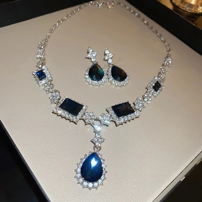 XM S365 Silver Plated Sapphire Blue Crystal Statement Necklace & Earrings Set