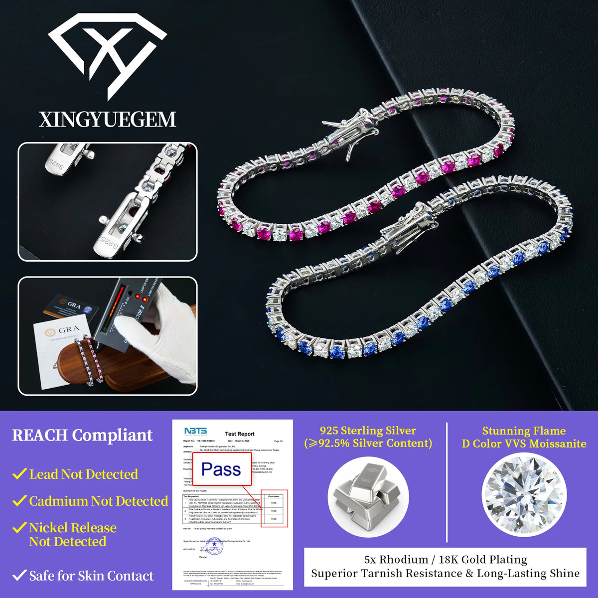Women Fine Jewelry Multi Color Tennis Bracelet Lab Grown Gemstone Rhodium Plated Classic 3mm 4mm 925 Sterling Silver