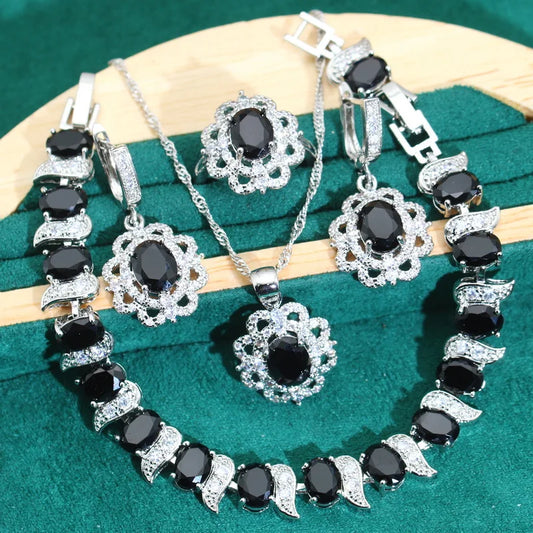 Exquisite 925 Silver Jewelry Set for Women Wedding Black Zircon Bracelet Earrings Pendant Ring for Party Date Birthday Gift