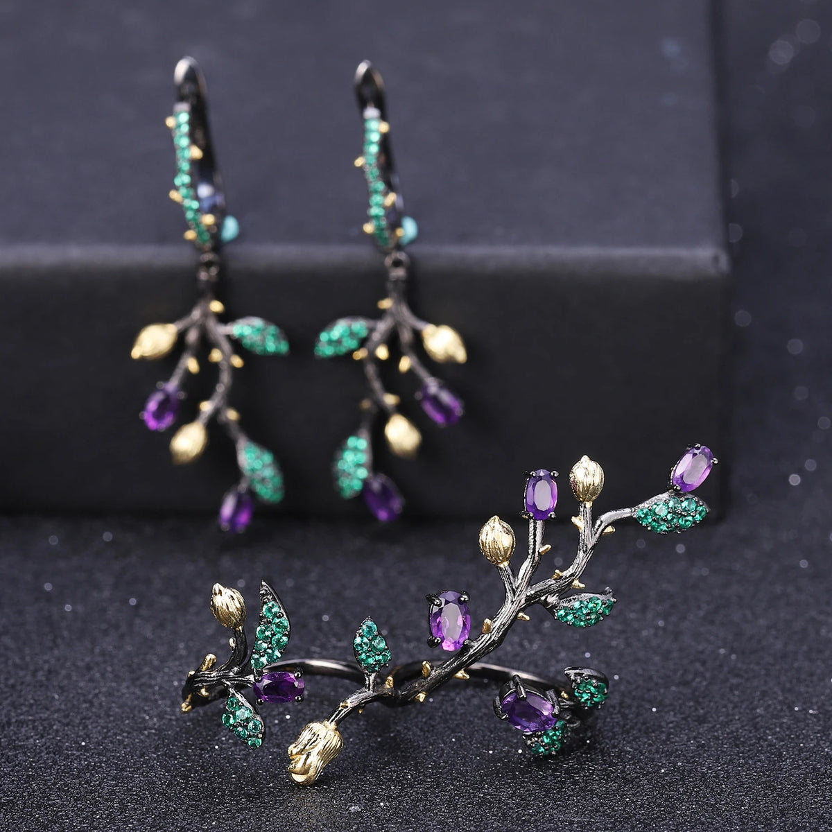 ArtistA Forest Ball Theme Sterling Silver 925 Natural Amethyst Two Finger Ring & Earrings Jewelry Set Floral Branch Design