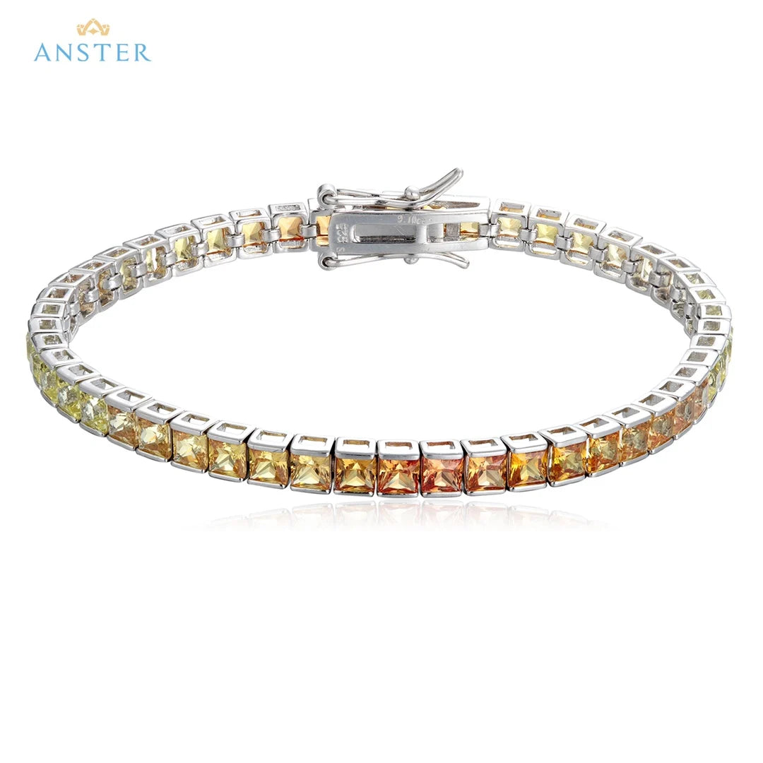 Gemfiori Unisex Rainbow Color Bracelets Silver S925 Tennis Bracelet Chain 3mm Princess Cut Fine Jewelry Party Gift for Her Wedding