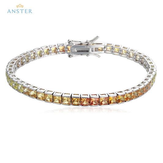 Gemfiori Unisex Rainbow Color Bracelets Silver S925 Tennis Bracelet Chain 3mm Princess Cut Fine Jewelry Party Gift for Her Wedding