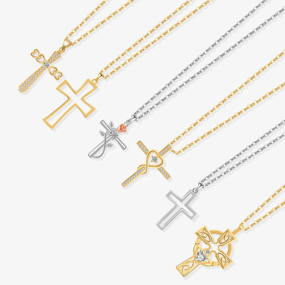 REDheart Fine Jewelry Cross Necklace Women Irish Celtic Claddagh Rose Silver 925 Gold Plated Hollow Cross Necklace for Women