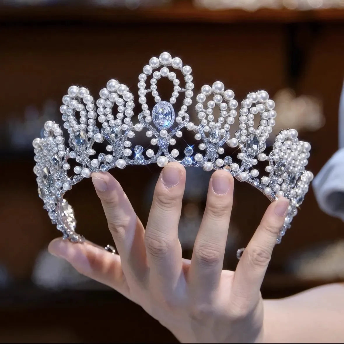 Japanese Korean Wedding Zircon Pearl Crown Princess Headdress Vintage Tiara Bridal Elegant Hair Accessory
