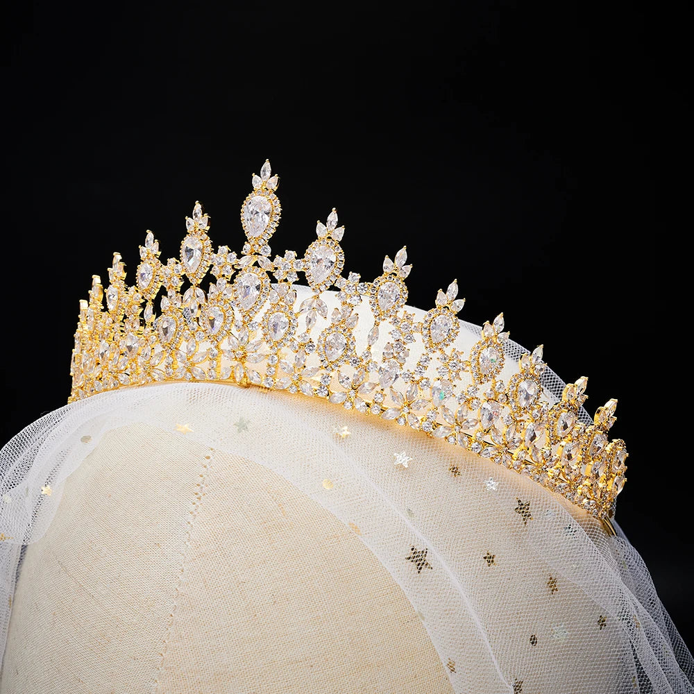 014129 Luxury Color Cubic Zircon Crystal Crowns for Women Tiara Queen for Wedding Bridal Headpiece Hair Jewelry Accessories