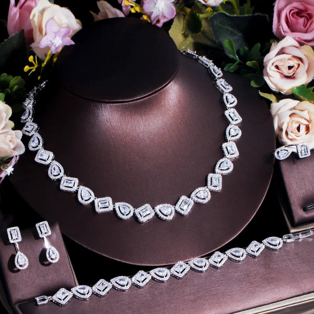 Silver Color Water Drop Cubic Zirconia 4pcs Ring Bracelet Earrings Necklace Luxury Jewelry Sets for Women Weeding CZ Accessories