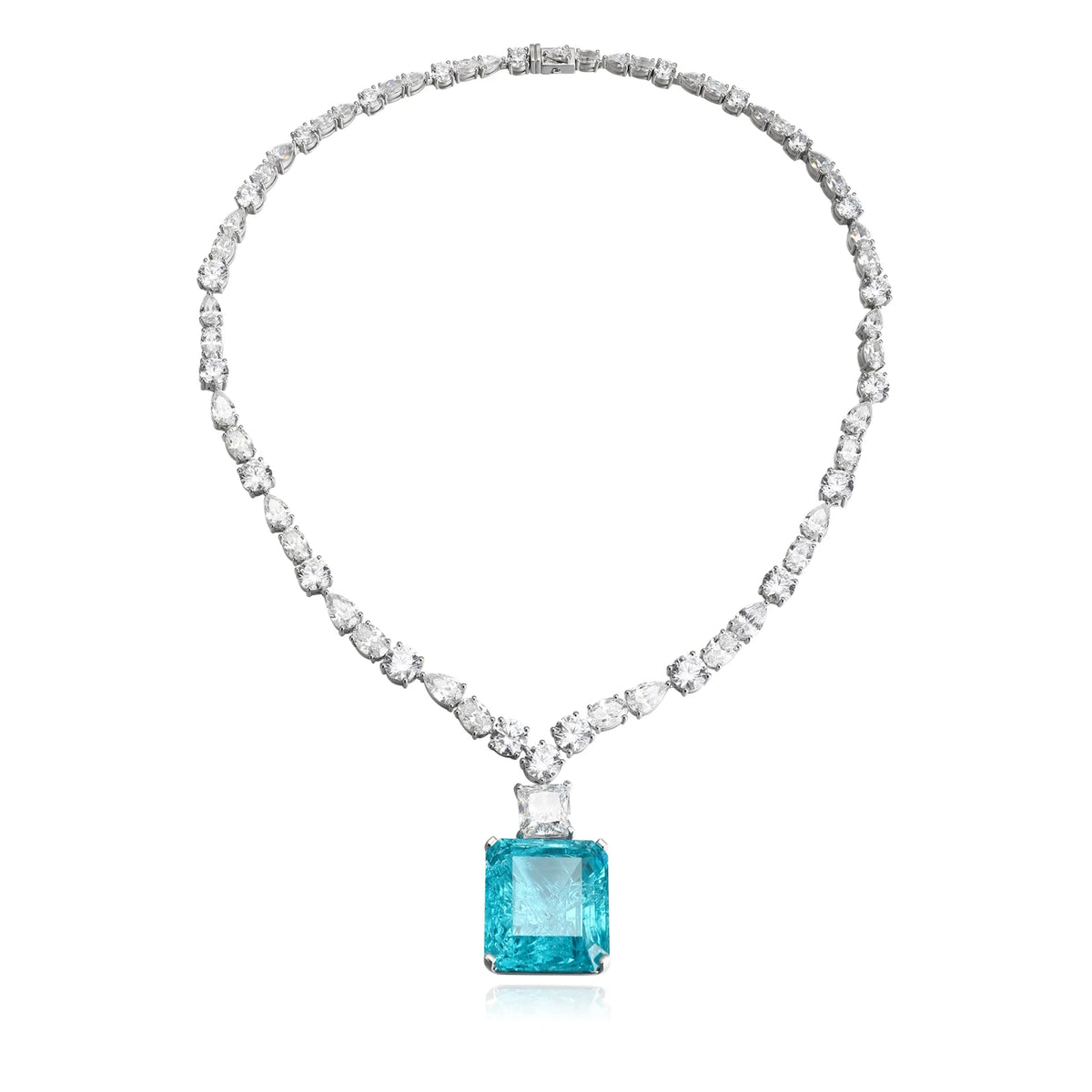 Gemfiori Anster Paraiaba Mian Stone Emerald Cutting Silver Necklace Attractive Length 87.36 Ct Customizable Style Women's Necklace