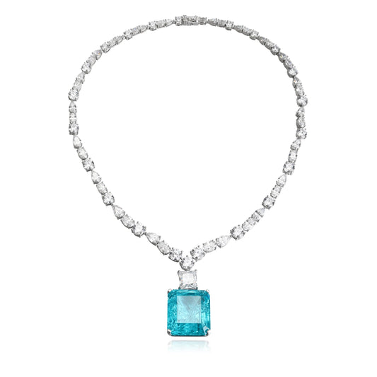Gemfiori Anster Paraiaba Mian Stone Emerald Cutting Silver Necklace Attractive Length 87.36 Ct Customizable Style Women's Necklace