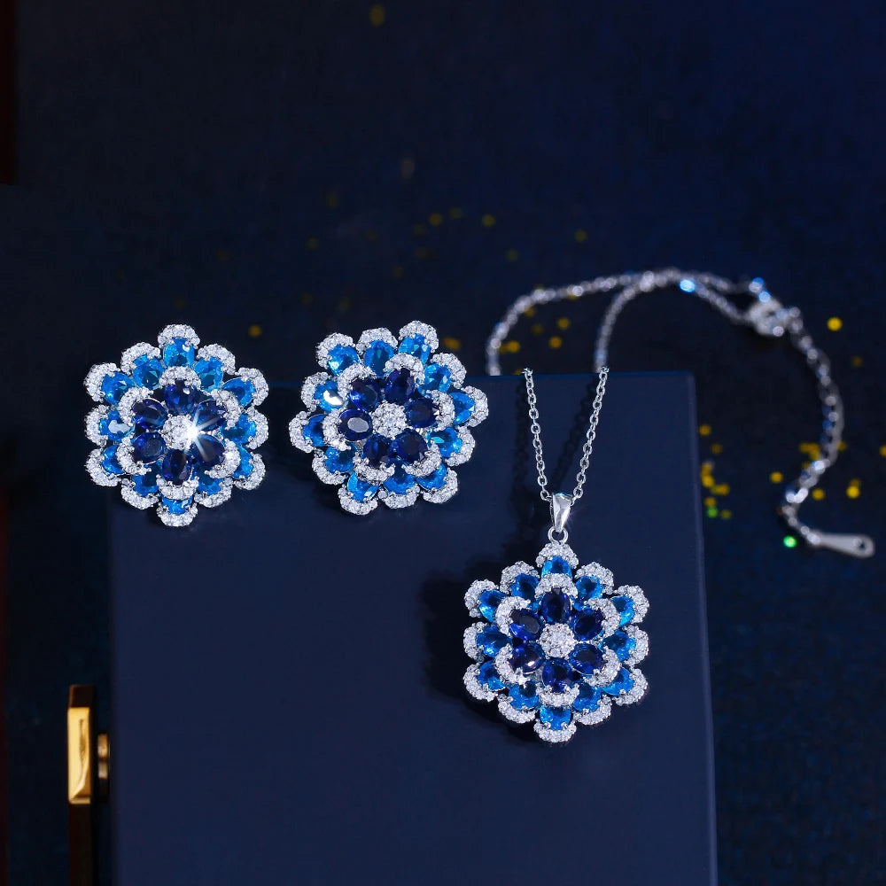 Art Deco Luxury Blue Cubic Zirconia Chunky Flower Shaped Earrings and Pendant Necklace Women Party Jewelry Sets