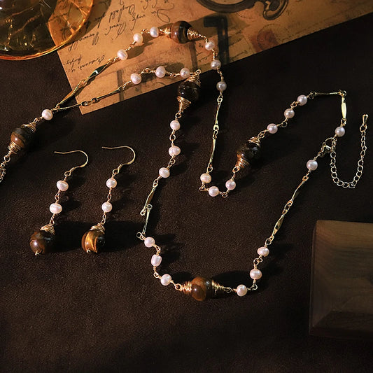 Natural Freshwater Pearl Tiger Eye Stone Earrings Necklace Set Luxurious Design Set Gift Wedding Banquet GS0216