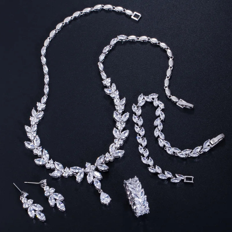 4pcs Delicate Leaf Shaped Cubic Zircon Dubai Fine Jewelry Sets Drop Earrings Necklace Bracelet Ring Women Luxury Bridal Wedding