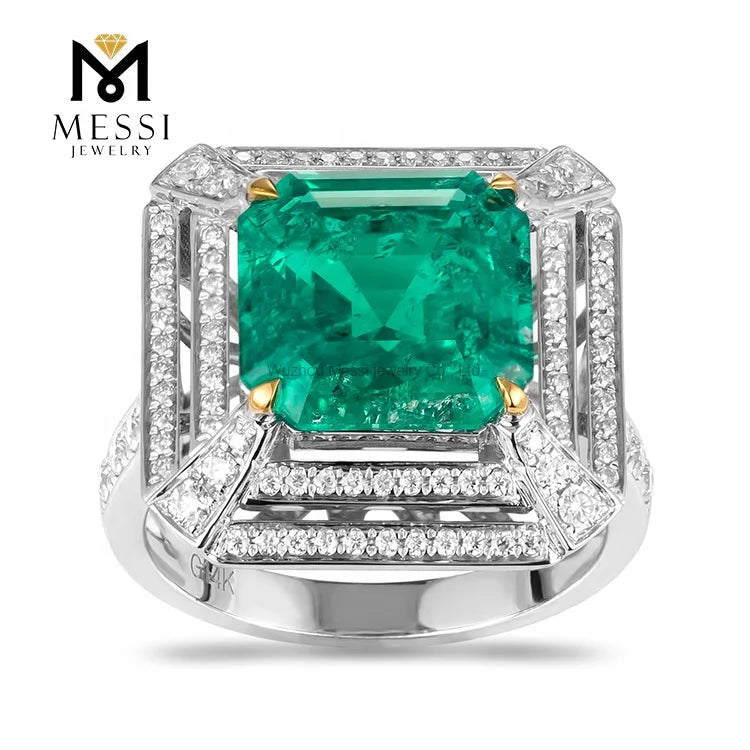 Gemfiori Messi Jewelry MSR-251 Luxury Design Emerald Ring for Woman 14k 18k Gold Wedding Engagement Ring Double halo Moissanite Ring