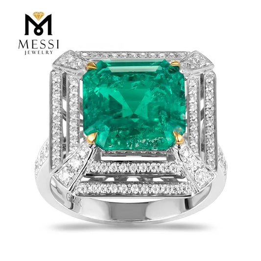 Gemfiori Messi Jewelry MSR-251 Luxury Design Emerald Ring for Woman 14k 18k Gold Wedding Engagement Ring Double halo Moissanite Ring