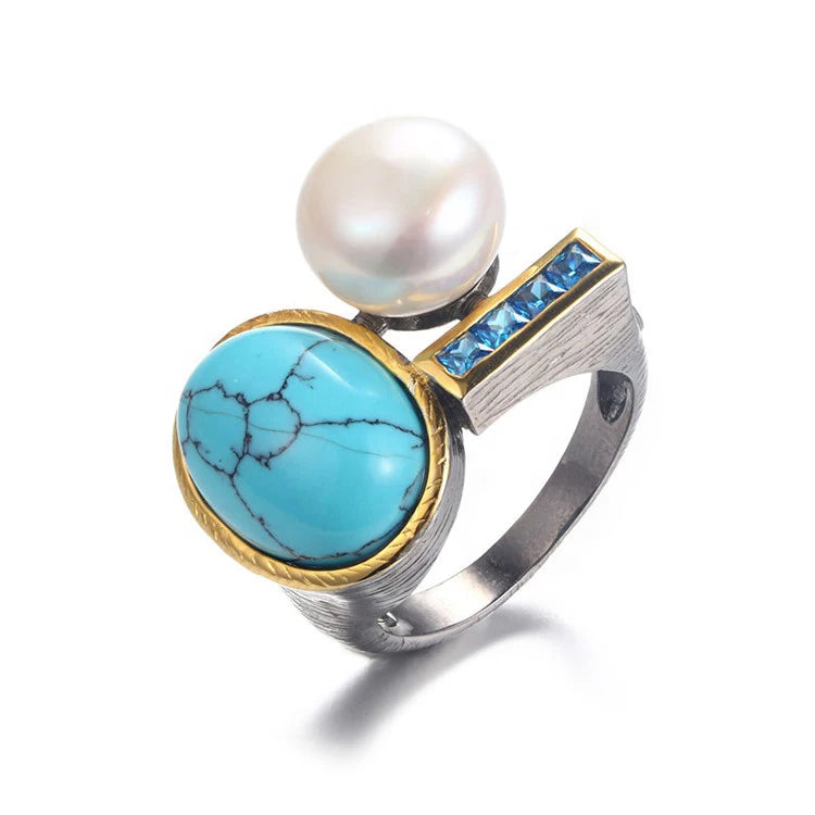 Freshwater Button Pearl 925 Sterling Silver Ring With Synthetic Turquoise Blue Zircon