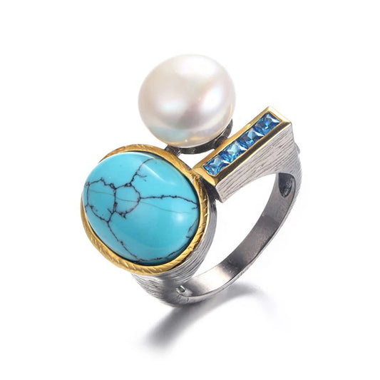 Freshwater Button Pearl 925 Sterling Silver Ring With Synthetic Turquoise Blue Zircon