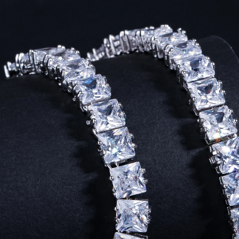 Super Shiny Square Cubic Zirconia Chain Link Tennis Necklace and Stud Earrings Jewelry Set for Women Man Party