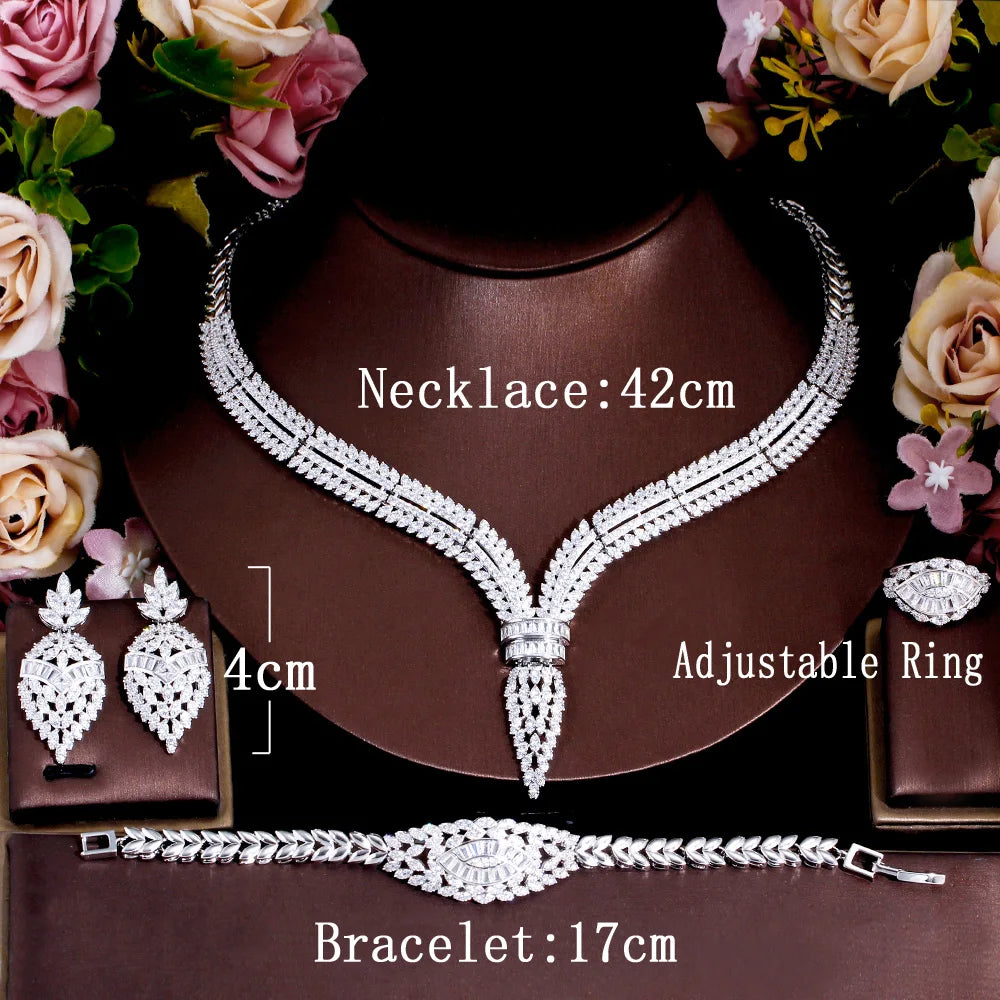 4pcs Elegant Luxury Shiny Cubic Zirconia Women Wedding Costume Necklace Earring Ring Festival Brides Jewelry Sets Accessories