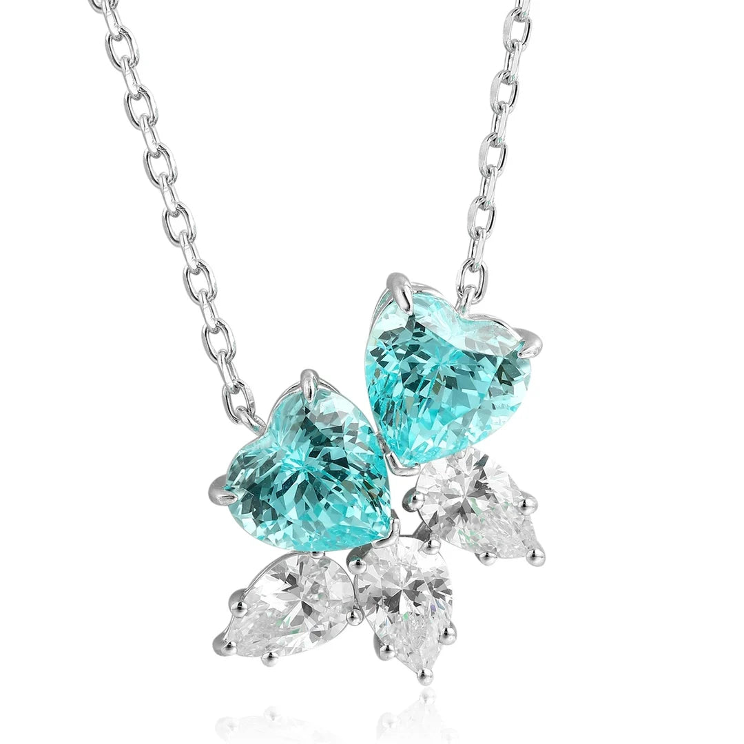 Gemfiori Anster Lab Grown Paraiba Emerald Sapphire Pendant Necklaces Double Heart Shape Chain for Women 925 Sterling Silver Necklaces