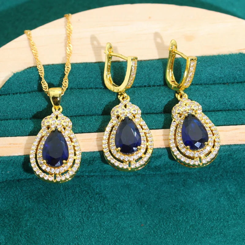 XOTICA Blue Zircon Jewelry Set for Women Gold Color Earrings Necklace Pendant Ring for Party Wedding Great Birthday Gifts for Friends