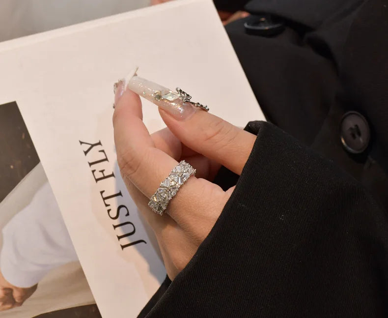 MuShan Jewelry Factory 925 Sterling Silver Luxury Full Diamond Zircon Ring Female Niche Design  Personality Ins Jewelry