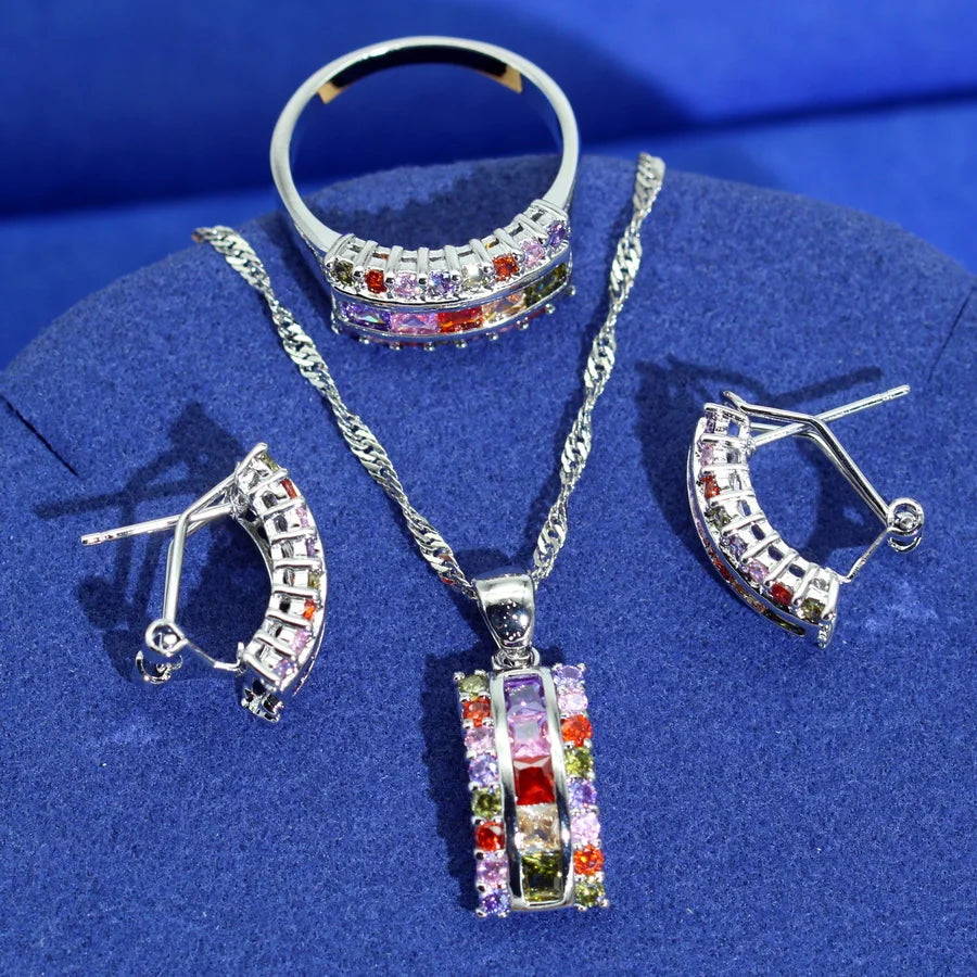 XOTICA Bridal 925 Silver Jewelry Sets Multicolor Zircon Earrings Necklace Pendant Ring for Wedding Parties Engagements Women's Gifts
