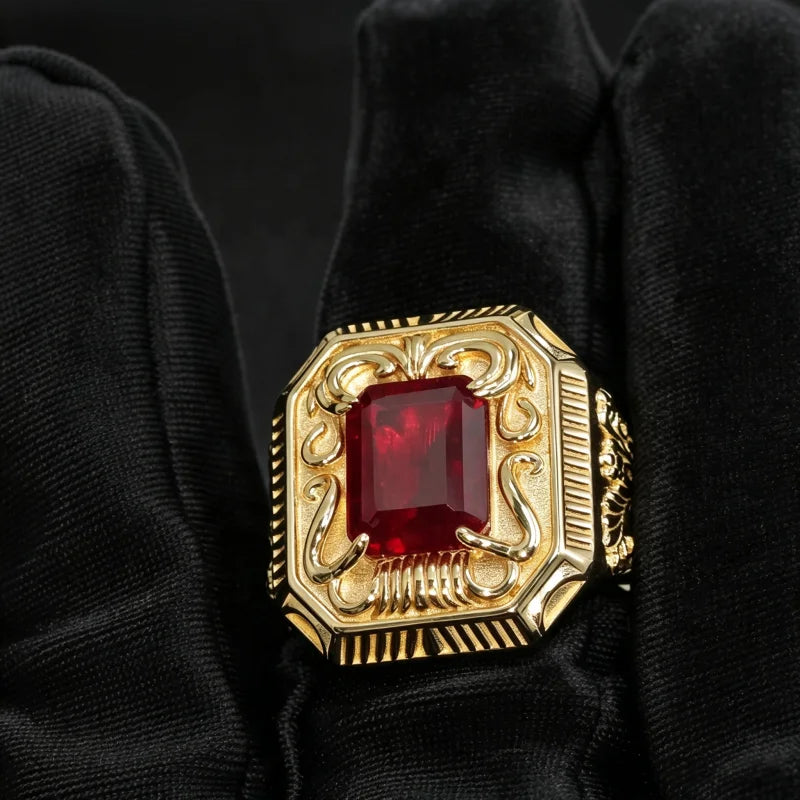 Gemfiori Fine Jewelry S925 Silver 14K Gold Plated Ruby Ring Vintage Carved Rectangle Red Gemstone Ring Wide Band Ruby Ring for Men