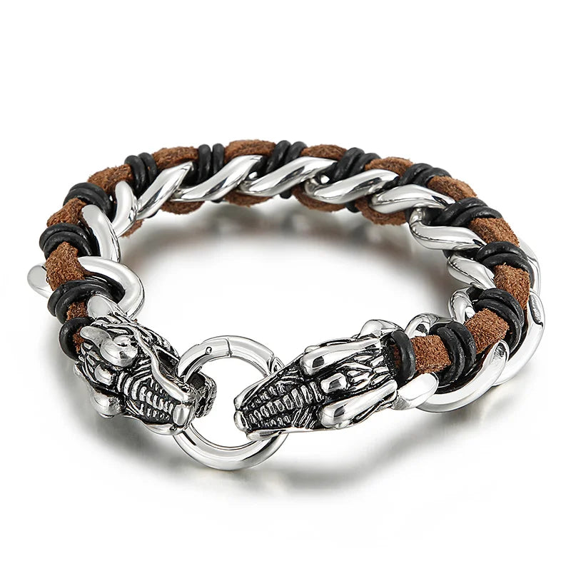 REBEL Fashion Mens Fashion Punk Stainless Steel Leather Dragon/Wolf Link Chain Bracelet
