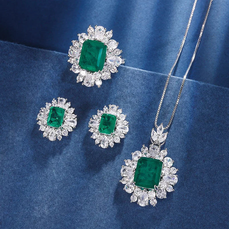 Gemfiori Light Luxury High-end Super Sparkling Zircon Pendant Earrings Ring Set Niche Temperament Simple Flower Jewelry