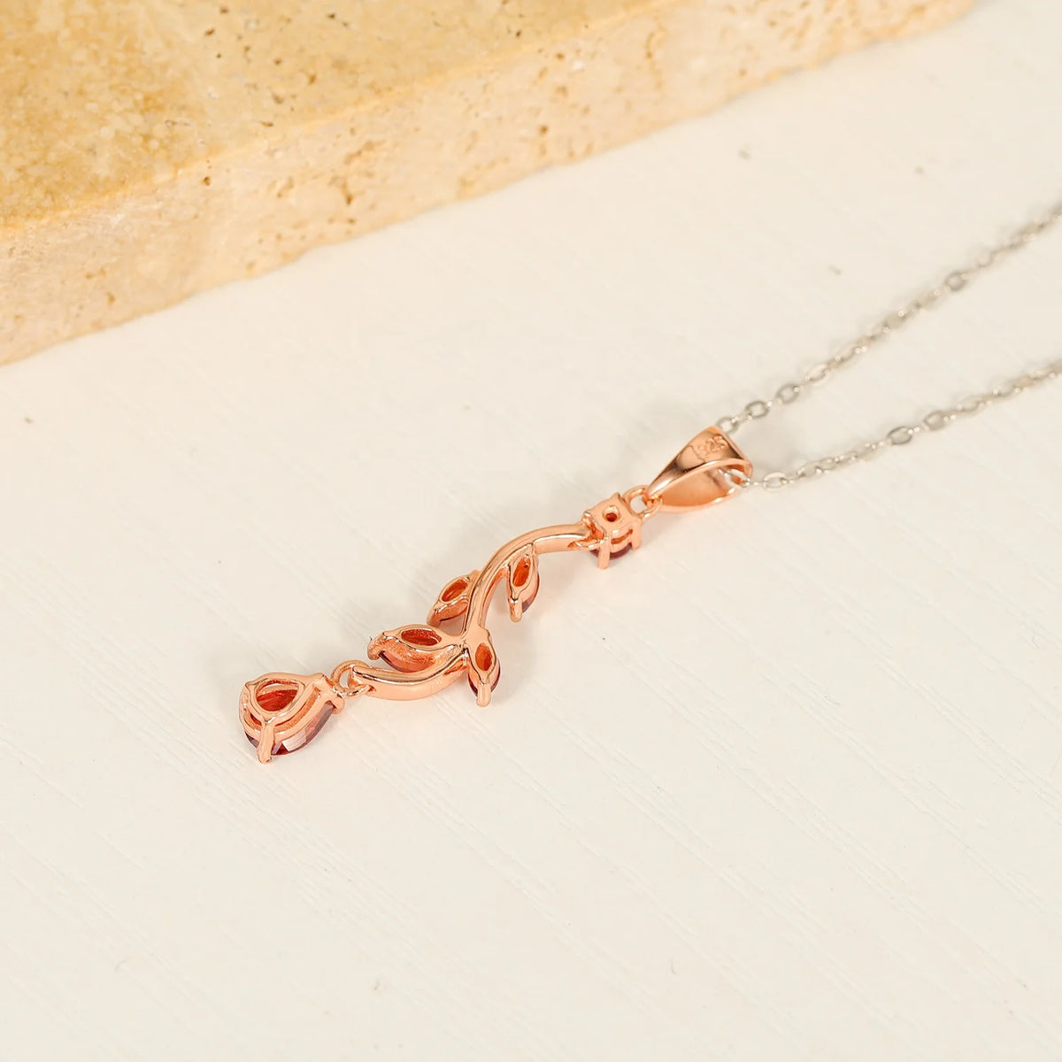 ArtistA A2142 Abiding Fashion Chic Real 925 Silver Rose Gold Plated Natural Garnet Leaf Flower Branch Dangle Drop Earrings Pendant Charm