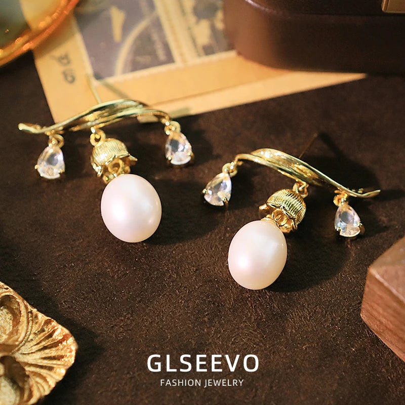 Natural Freshwater Pearl Tassel Lily of the Valley Crystal Earrings Vintage Style Earrings Get Married  Ladies Jererly GE1752