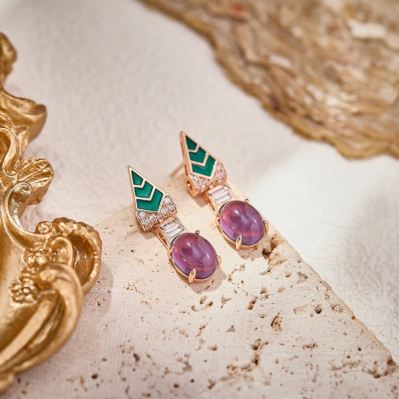 Bohemian Style Triangular Spike Green Enamel Grape purple Necklace Earrings 2-piece Set, High-quality Brass Zirconia  Jewelry