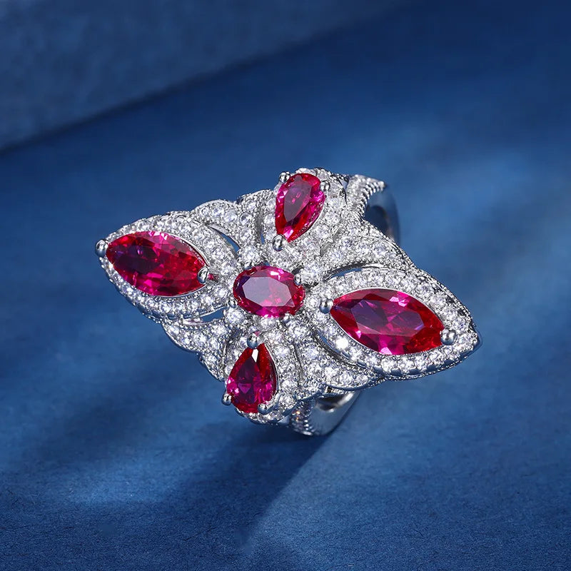 Gemfiori Pigeon Blood Red Zirconia Super Sparkling Diamond Ring Pendant with Elegant Temperament and Cool Style Fashion Set