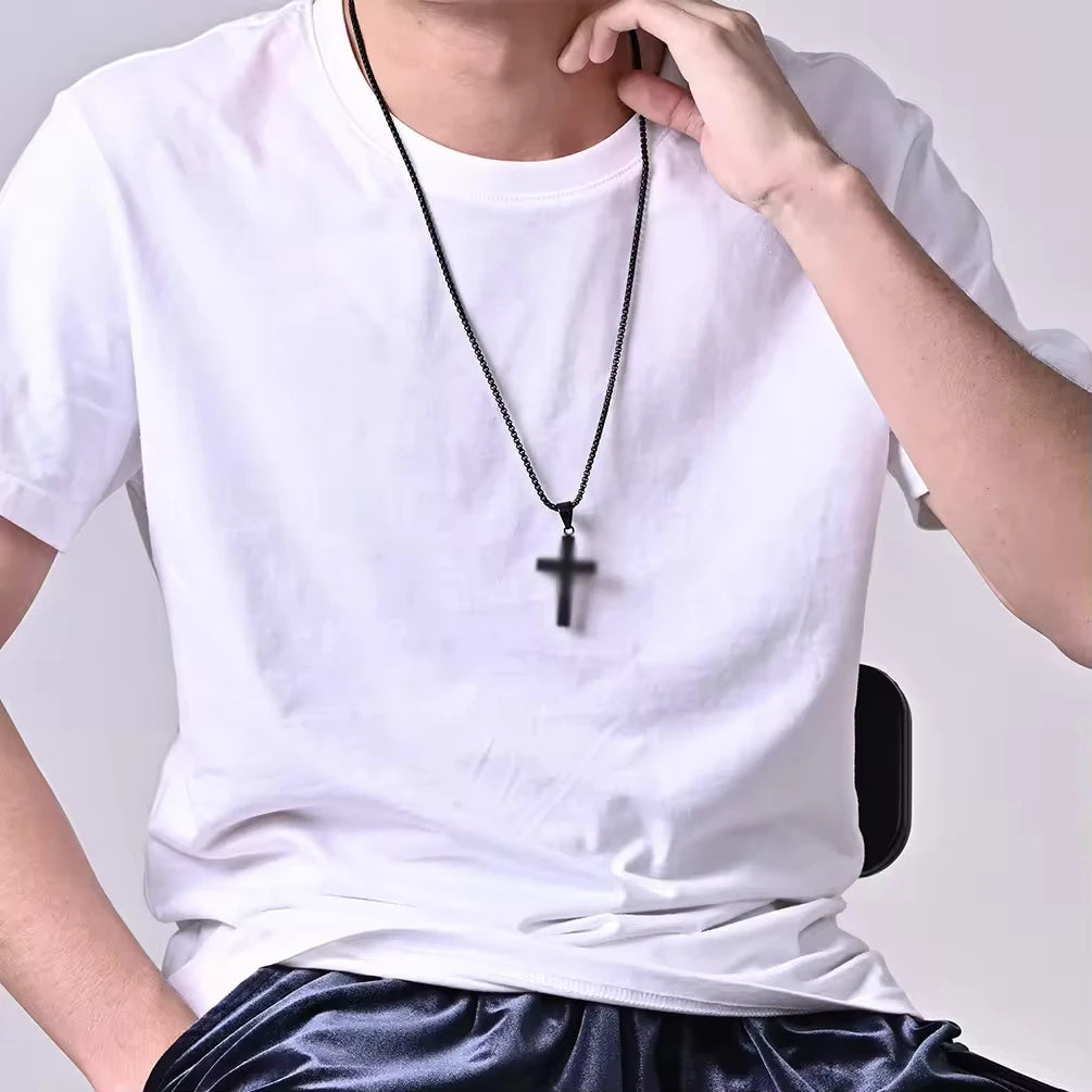 REBEL Simple Men's Stainless Steel Cross Pendant Chain Necklace for Men Fashion Jewelry