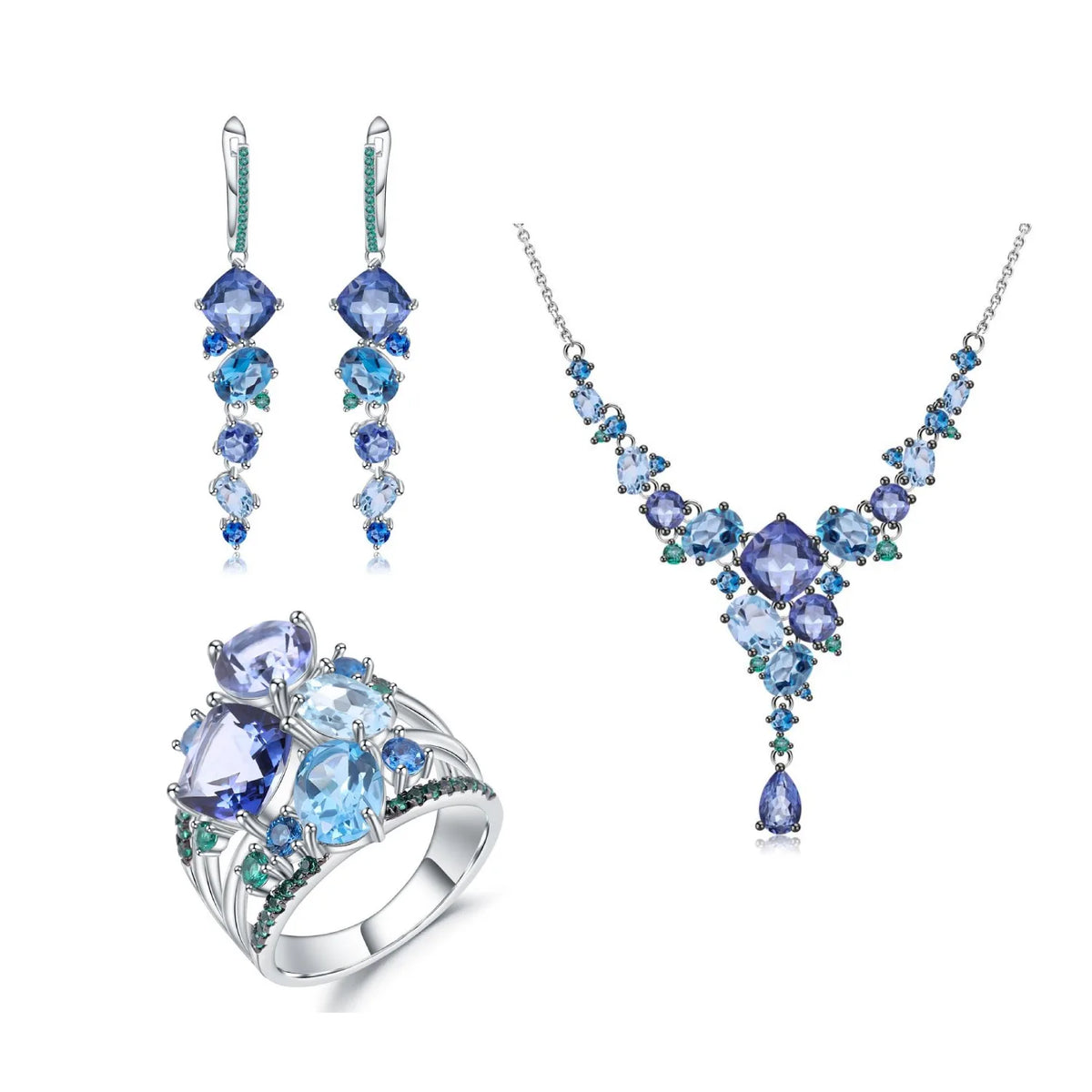 REDheart TIANSHE Designer Luxury Women's Jewelry Set S925 Pure Silver Natural Topaz Ring Earrings Brooch pendant
