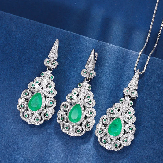 Gemfiori 2025 New Brass Gold-plated Grandmother Green Zircon Palace Style Retro Temperament Set