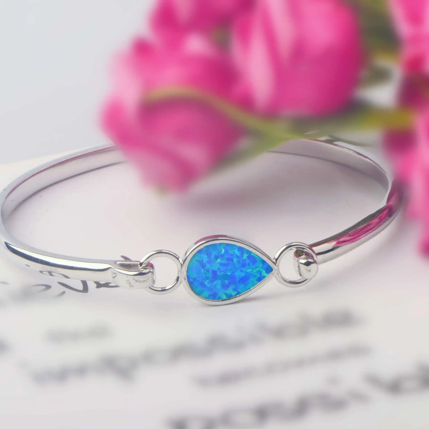 Dainty Teardrop Blue Opal Bangle - Minimalist Silver Bracelet for Daily Elegance