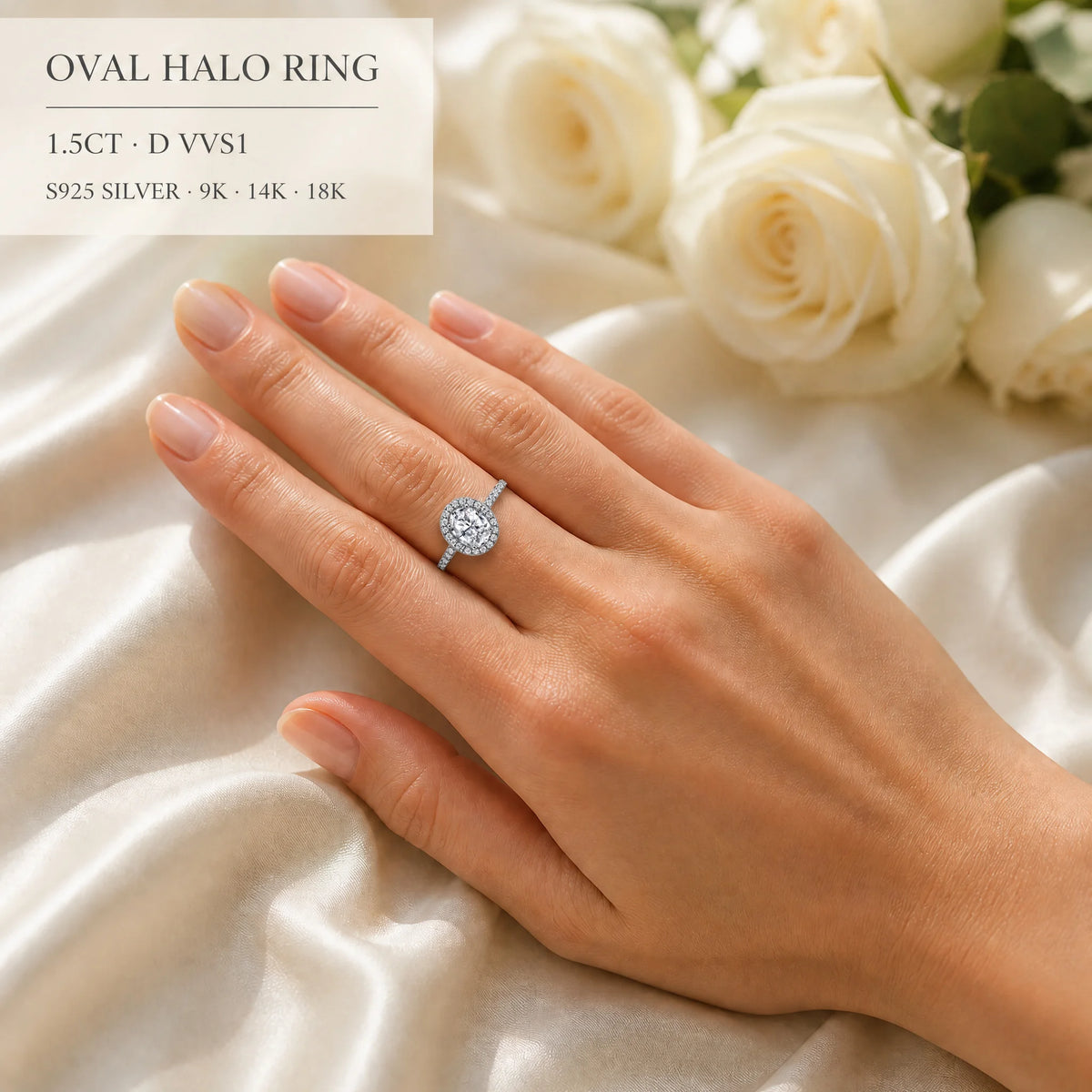 Gioiellieri Oval Cut Four Prong Single Halo Half Pave Shoulders Lab Grown Diamond Ring 1.5ct D VVS1 9K 10K 14K 18K Gold Women Fine Jewelry